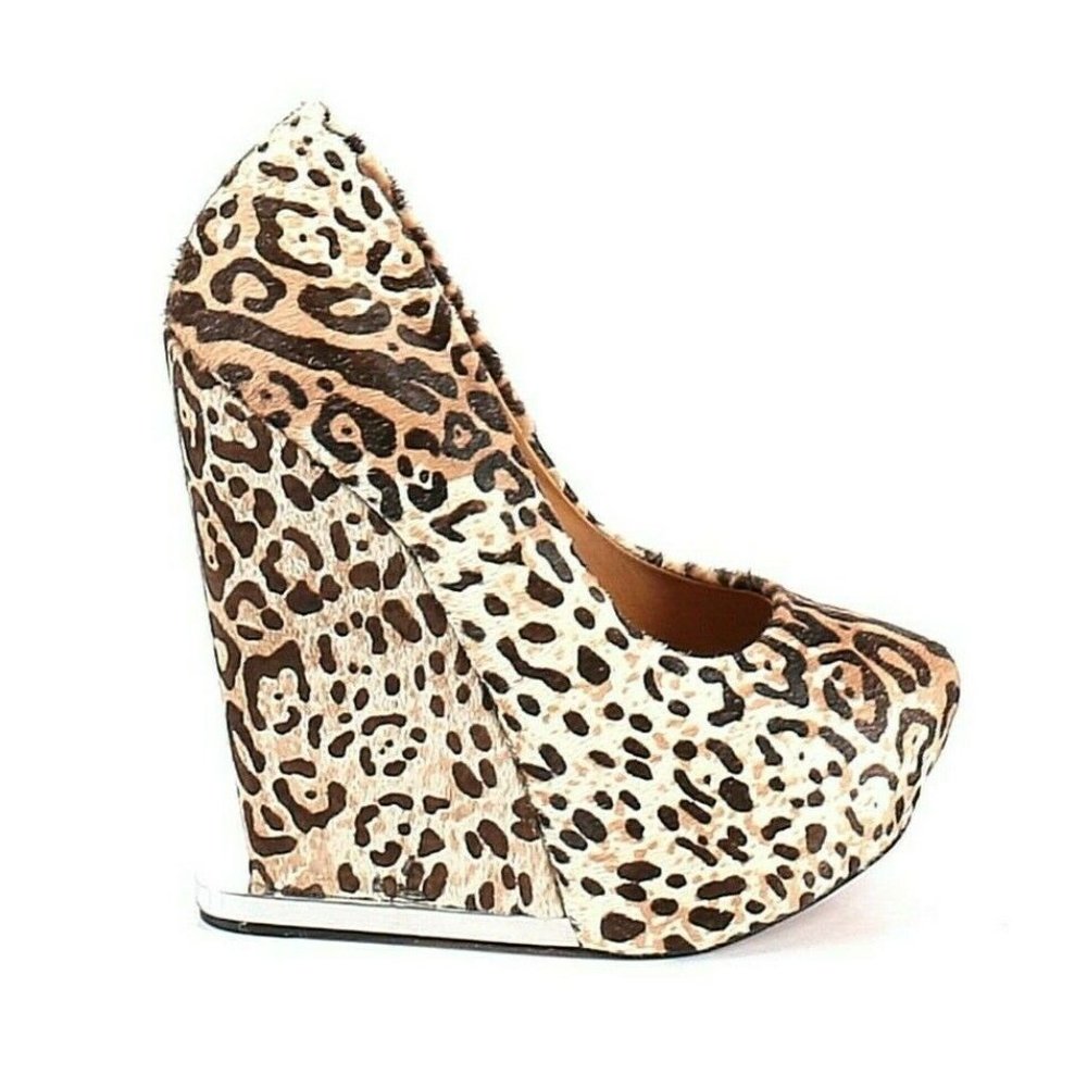 L.A.M.B. Brown White Fur Platform Dorothee Wedges
